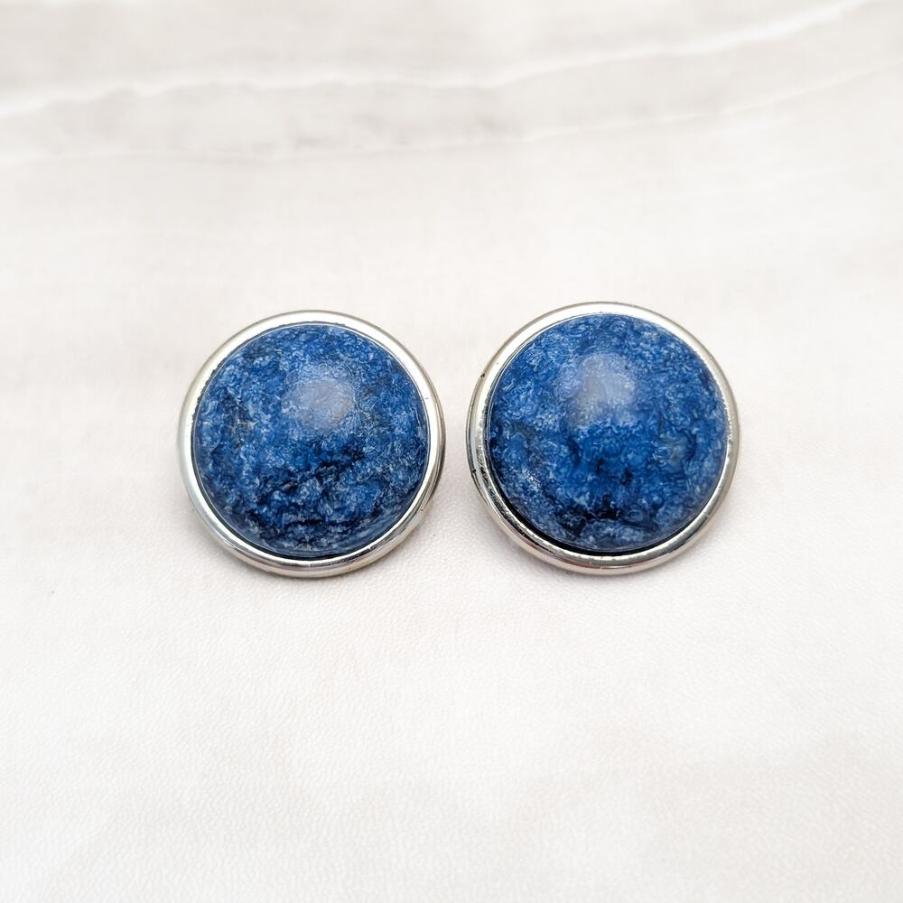 Vintage Clip On Earrings Blue Stone Like Design with Silver Tone Halo Large